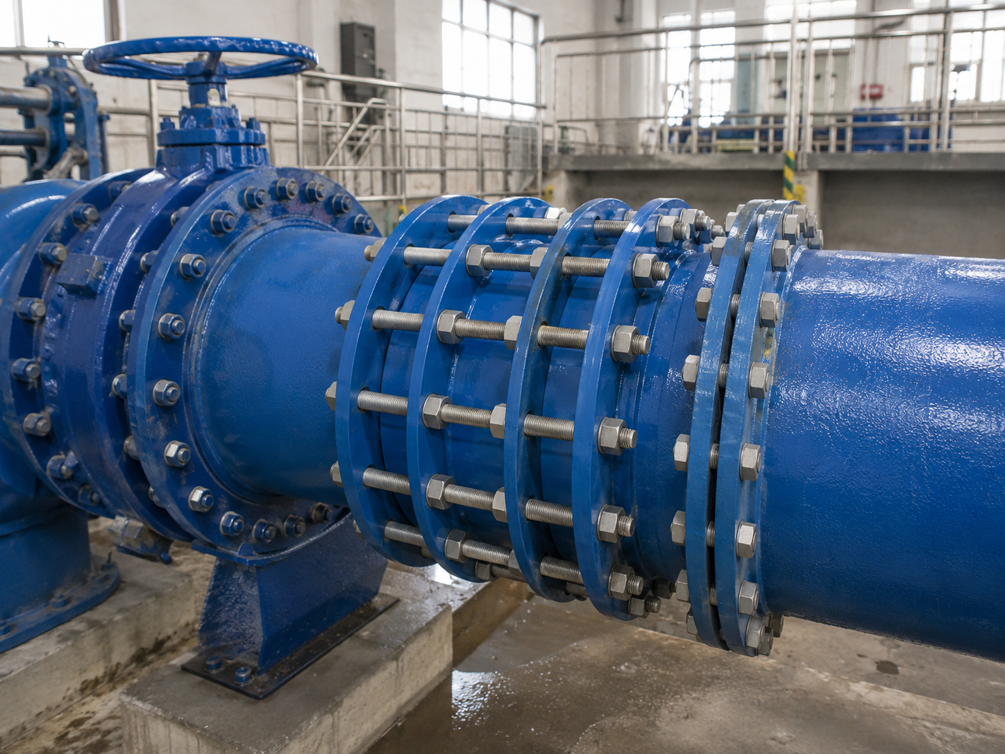 A carbon steel double flanged dismantling joint installed next to a large butterfly valve in a water pumping station.