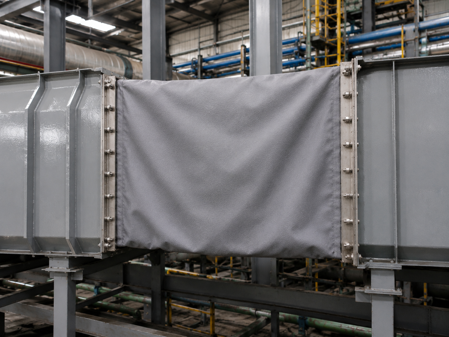 A technical installation photo of a B-NAI multi-layer PTFE fabric expansion joint mounted on a large power plant flue gas duct line.