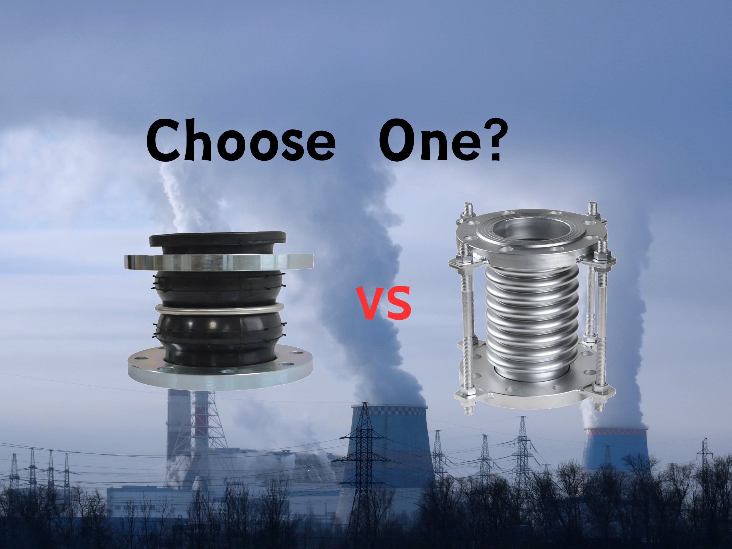 Rubber expansion joint and stainless steel bellows expansion joint compared side by side.